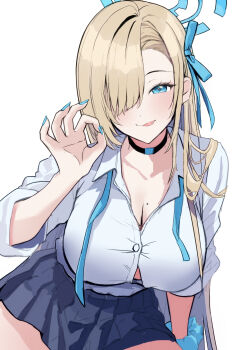 1girl absurdres asuna_(blue_archive) asuna_(school_uniform)_(blue_archive) blonde_hair blue_archive blue_eyes blue_halo blue_ribbon blue_skirt breasts button_gap choker cleavage collarbone fellatio_gesture hair_over_one_eye hair_ribbon halo highres large_breasts long_hair looking_at_viewer mole mole_on_breast nakano_kura ribbon school_uniform scrunchie shirt skirt sleeves_rolled_up solo tongue tongue_out very_long_hair white_shirt wrist_scrunchie