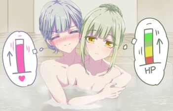 2girls ain_(17446767) alternate_hairstyle arrow_(symbol) bang_dream! bang_dream!_it&#039;s_mygo!!!!! bathing bathroom blue_hair blush breasts center-flap_bangs cleavage closed_eyes closed_mouth collarbone colored_eyelashes commentary_request embarrassed expressionless frown green_hair hair_bun hair_up health_bar highres hug hug_from_behind motion_lines multiple_girls nose_blush nude same-sex_bathing shared_bathing sidelocks single_hair_bun sitting sitting_on_person speech_bubble steam thought_bubble togawa_sakiko updo variant_set wakaba_mutsumi wet wet_hair yellow_eyes yuri