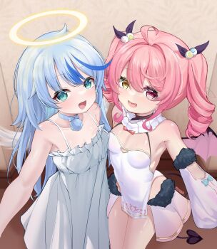 2girls absurdres blue_hair breasts character_request chinese_commentary commentary_request copyright_request demon_tail demon_wings dress halo heterochromia highres multiple_girls pink_hair small_breasts tail white_dress wings ya_chuifeng_lai yellow_eyes