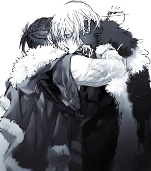 2boys arm_around_shoulder armor blush breastplate cape capelet closed_eyes commentary couple dimitri_alexandre_blaiddyd dimitri_alexandre_blaiddyd_(timeskip) felix_hugo_fraldarius felix_hugo_fraldarius_(timeskip) fire_emblem fire_emblem:_three_houses fur-trimmed_cape fur-trimmed_gloves fur-trimmed_hood fur_trim gloves hand_on_another&#039;s_face hood hood_down kiss long_sleeves male_focus medium_hair multiple_boys nintendo profile qiniing simple_background upper_body white_background yaoi