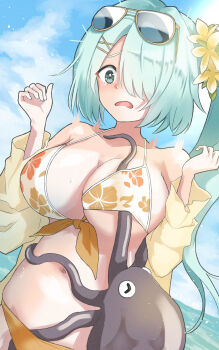 1girl aqua_hair bikini blue_archive breasts cleavage cloud cloudy_sky commentary_request crotch_grab eyewear_on_head floral_print floral_print_bikini flower front-tie_bikini_top front-tie_top furrowed_brow grabbing_another's_breast groping hair_flower hair_ornament hair_over_one_eye highres hiyori_(blue_archive) hiyori_(swimsuit)_(blue_archive) large_breasts nei_ion octopus open_clothes open_mouth open_shirt print_bikini shirt sky swimsuit tearing_up through_clothes yellow-framed_eyewear yellow_shirt