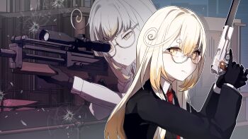 Rule 34 | 1girl, absurdres, agent 47, agent 47 (cosplay), black gloves, black suit, blonde hair, bullet hole, bullpup, closed mouth, collared shirt, colored tips, commission, cosplay, formal clothes, glasses, gloves, gun, handgun, highres, holding, holding gun, holding weapon, indie virtual youtuber, kanna yanagi, long hair, m1911, mineta naoki, multicolored hair, necktie, red necktie, rifle, second-party source, semi-rimless eyewear, shirt, short eyebrows, skeb commission, sniper rifle, suit, suppressor, virtual youtuber, walther, walther wa 2000, weapon, white hair, white shirt, yellow eyes
