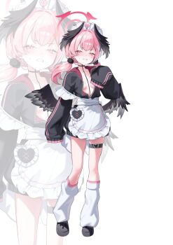 1girl alternate_costume apron aqua74286 belt black_scrunchie black_wings blue_archive blush breasts clenched_teeth commentary crocs enmaided feathered_wings full_body half-closed_eyes halo hand_up head_wings highres jacket jersey_maid koharu_(blue_archive) long_hair long_sleeves looking_at_viewer loose_socks low_wings maid maid_apron maid_headdress open_clothes open_jacket pink_eyes pink_hair pink_halo scrunchie sleeves_past_fingers sleeves_past_wrists small_breasts small_sweatdrop socks solo symbol-only_commentary teeth thigh_belt thigh_strap twintails unconventional_maid v-shaped_eyebrows white_apron wings zoom_layer