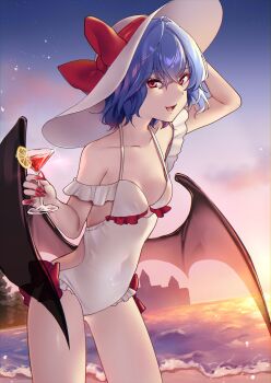 1girl arm_up bare_shoulders bat_wings beach bow breasts cleavage cocktail_glass collarbone cup dark_skin drinking_glass dusk food fruit hand_up hat hat_bow hat_ribbon highres holding holding_cup konoka_oy lemon lemon_slice ocean off-shoulder_one-piece_swimsuit off_shoulder one-piece_swimsuit outdoors parted_lips purple_hair red_bow red_eyes red_ribbon remilia_scarlet ribbon short_hair small_breasts smile solo sun_hat swimsuit touhou waving white_hat white_one-piece_swimsuit wings