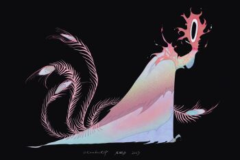 artist_name black_background dated feathers full_body highres kamikiririp monster monster_focus multicolored_feathers no_humans original solo
