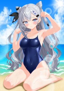 1girl barefoot beach braid braided_bangs breasts commentary_request competition_school_swimsuit cone_hair_bun covered_navel feet grey_eyes grey_hair hair_bun highres hololive hololive_indonesia horizon lens_flare looking_at_viewer medium_breasts ocean paw_pose school_swimsuit solo surgate_matias swimsuit two_side_up vestia_zeta virtual_youtuber