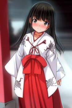 1girl animal_print bird_print black_hair blush brown_eyes collarbone hakama haori highres japanese_clothes kimono long_hair long_sleeves looking_at_viewer matsunaga_kouyou miko original print_haori red_hakama smile standing torii white_haori white_kimono wide_sleeves