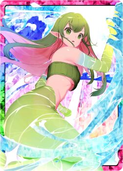 1girl colored_skin green_eyes green_hair highres jewelry looking_at_viewer mermaid monster_farm monster_farm_online monster_girl multicolored_hair necklace official_art pink_skin pointy_ears sports_bra surprised undine_(monster_farm) yaobikini_(monster_farm)