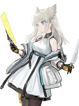 Rule 34 | 1girl, absurdres, arknights, arknights: endfield, black gloves, blue eyes, blunt bangs, brown pantyhose, closed mouth, collared dress, contrast collar, cowboy shot, dress, gloves, grey hair, hashtag-only commentary, highres, holding, jacket, long hair, off shoulder, pantyhose, perlica (arknights), simple background, sleeveless, sleeveless dress, solo, standing, white background, white dress, white jacket, yellow gloves, yellow pupils, zjm530280188