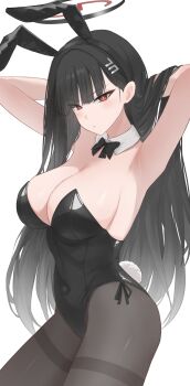 1girl absurdres animal_ear_hairband animal_ears armpits bare_shoulders black_bow black_bowtie black_hair black_halo black_leotard blue_archive blunt_bangs blush bow bowtie breasts bright_pupils cleavage commentary_request covered_navel detached_collar fake_animal_ears fake_tail froha11037 hair_ornament hairband hairclip halo highres large_breasts leotard long_hair looking_at_viewer multicolored_halo pantyhose parted_lips playboy_bunny rabbit_ear_hairband rabbit_ears rabbit_tail red_eyes red_halo rio_(blue_archive) solo strapless strapless_leotard tail thighband_pantyhose two-tone_halo very_long_hair white_background white_pupils
