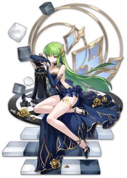 1girl artist_request black_shoes blue_dress c.c. chess_piece code_geass detached_sleeves dress earrings flower golden_rose green_hair hair_ornament high_heels highres jewelry knight_(chess) mahjong_soul official_art pawn_(chess) pumps rose shoes sitting solo stiletto_heels transparent_background yellow_eyes