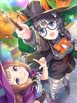 2girls absurdres animal_ears arm_up artist_request ascot balloon belt belt_buckle black-framed_eyewear black_boots black_cape black_hair black_robe black_shorts blue_eyes blue_hat blue_shirt blunt_bangs book boots bow bowtie braid braided_hair_rings breasts brown_belt brown_hair buckle candy_hair_ornament cape cargo_shorts center_frills cloak collared_shirt cowboy_shot cross-laced_clothes cross-laced_shorts crown_braid dot_nose ear_covers ears_through_headwear eyelashes floating_clothes food-themed_hair_ornament frilled_shirt_collar frilled_shorts frills full_body game_cg glasses gold_buckle green_hat grey_shirt grey_thighhighs hair_ornament hair_over_one_eye hair_ribbon hair_rings halloween halloween_costume happy hat high-waist_shorts highres holding holding_book holding_wand hood hood_down hooded_cloak horse_ears horse_girl horse_tail jack-o&#039;-lantern layered_sleeves light_blush light_particles light_rays long_sleeves looking_at_object looking_up medium_breasts multiple_belts multiple_girls official_alternate_costume official_art open_book open_mouth orange_bow orange_bowtie parted_lips pocket pointing pointing_up print_headwear puffy_long_sleeves puffy_sleeves purple_cloak purple_eyes purple_hat ribbon robe shadow shirt shorts single_braid smile star_(symbol) star_print striped_clothes striped_shirt striped_thighhighs sweep_tosho_(umamusume) tail tareme thighhighs two-sided_fabric two-sided_headwear two-tone_shirt two-tone_thighhighs umamusume wand white_ascot white_ribbon white_shirt white_thighhighs wide_brim witch witch_hat zenno_rob_roy_(magical_heroine)_(umamusume) zenno_rob_roy_(umamusume)