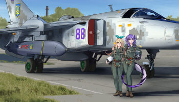 2girls absurdres aircraft airplane artist_name black_gloves blonde_hair blue_sky blush bow braid dragon_girl dragon_tail fairy fighter_jet flight_suit full_body g-suit gloves grass green_jumpsuit green_ribbon hair_behind_ear hair_ornament hair_ribbon hand_on_another's_shoulder head_wings helmet heterochromia highres holding holding_unworn_helmet jumpsuit korzynka_persykiv long_hair looking_at_viewer military military_vehicle multiple_girls nijisanji nijisanji_en open_mouth outdoors pilot pilot_helmet pointy_ears pomu_rainpuff purple_hair purple_wings red_eyes ribbon russo-ukrainian_war selen_tatsuki signature sky smile storm_shadow_(missile) su-24 tail tongue tongue_out tryzub twin_braids ukraine unworn_helmet virtual_youtuber wings
