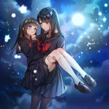 Rule 34 | 2girls, absurdres, artist request, black hair, black pantyhose, black sailor collar, black serafuku, black shirt, black skirt, blue eyes, blue sky, blunt bangs, blush, bow, bowtie, brown hair, carrying, check artist, closed mouth, cloud, commentary request, eye contact, feet out of frame, full body, full moon, hand on another's neck, highres, light particles, long hair, looking at another, medium skirt, moon, multiple girls, night, otoufu (gotouhu), pantyhose, parted lips, pleated skirt, princess carry, red bow, red bowtie, red eyes, sailor collar, school uniform, serafuku, shirt, sidelocks, skirt, sky, smile, star (sky), star (symbol), starry sky, voice drama available, yubinotacto, yuri