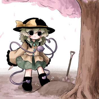 1girl black_eyes black_hat black_shoes closed_mouth commentary_request contrast_collar green_hair green_skirt hair_between_eyes hat hat_ribbon heripantomorrow holding holding_knife knife komeiji_koishi long_sleeves ribbon shirt shoes shovel skirt smile solo third_eye touhou tree wide_sleeves yellow_ribbon yellow_shirt