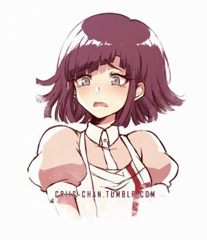 1girl alternate_hair_length alternate_hairstyle apron blunt_bangs blush commentary criis-chan danganronpa_(series) danganronpa_2:_goodbye_despair eyelashes frown mole mole_under_eye open_mouth purple_hair short_hair short_sleeves simple_background solo symbol-only_commentary tsumiki_mikan tumblr_username watermark web_address white_apron
