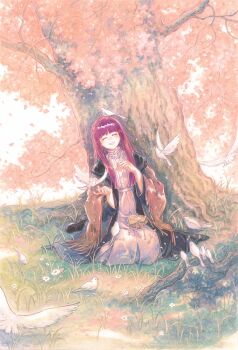 1girl 9484gu ^_^ animal animal_on_head bird bird_feeding bird_on_head black_robe blunt_bangs branch chinese_commentary closed_eyes commentary_request day dove dress facing_viewer fern_(sousou_no_frieren) flower highres long_dress long_hair long_sleeves on_grass on_head open_mouth outdoors painting_(medium) purple_hair robe seiza sitting smile solo sousou_no_frieren straight_hair traditional_media tree under_tree watercolor_(medium) white_dress white_flower wide_shot