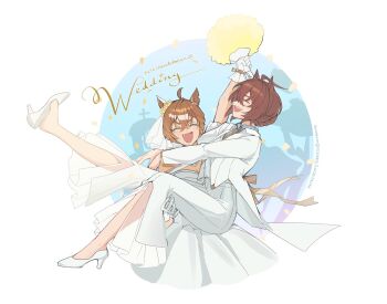 2girls agnes_tachyon_(umamusume) ahoge animal_ears blue_shirt blush bouquet breasts bride brown_hair carrying closed_eyes collared_shirt dress english_text fang female_focus flower gloves groom hair_between_eyes high_heels highres holding holding_bouquet horse_ears horse_girl jacket jungle_pocket_(umamusume) long_sleeves medium_hair multiple_girls murabt075 necktie notched_ear open_clothes open_jacket pants princess_carry shirt smile teeth tuxedo umamusume upper_teeth_only wedding_dress white_dress white_gloves white_jacket white_pants wife_and_wife yellow_necktie yuri