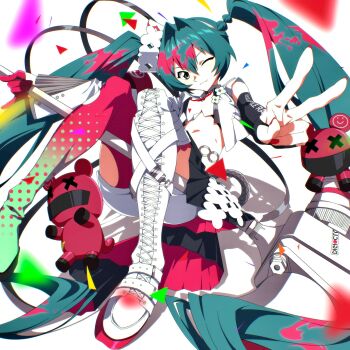 1girl absurdly_long_hair aqua_eyes aqua_hair asymmetrical_clothes asymmetrical_legwear asymmetrical_sleeves black_sleeves boots closed_mouth confetti crop_top crown detached_sleeves floating flower flower_ornament goodsmile_company goodsmile_racing green_flower green_pantyhose hair_between_eyes hair_intakes hairband hashtag-only_commentary hatsune_miku highres holding holding_megaphone knees_up lace-up_boots long_hair megaphone midriff miko_heb multicolored_pantyhose nail_polish one_eye_closed pantyhose pink_nails pink_pantyhose polka_dot polka_dot_pantyhose race_queen racing_miku racing_miku_(2025) shirt shorts single_leg_pantyhose single_thigh_boot smile solo stuffed_animal stuffed_toy super_gt teddy_bear thigh_boots twintails v very_long_hair vocaloid white_background white_boots white_hairband white_shirt white_shorts white_sleeves