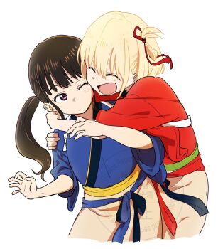 2girls black_hair blonde_hair blue_kimono blush cafe_lycoreco_uniform closed_eyes commentary_request hair_ribbon highres hug hug_from_behind inoue_takina japanese_clothes jo_er kimono long_hair looking_at_another lycoris_recoil multiple_girls nishikigi_chisato one_eye_closed one_side_up open_mouth purple_eyes red_kimono red_ribbon ribbon short_hair simple_background tasuki twintails white_background yuri