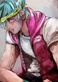 Rule 34 | 1boy, biker (hotline miami), blue eyes, blue hair, closed mouth, commentary, english commentary, grey background, headband, hotline miami, looking at viewer, male focus, pink sweater vest, shirt, short hair, short sleeves, skull print, solo, sweater vest, umeyama (toma23), upper body, white shirt, yellow headband