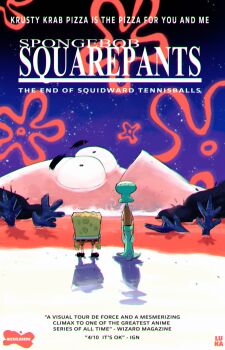 3boys absurdres commentary english_commentary highres lukapiles multiple_boys neon_genesis_evangelion nickelodeon patrick_star poster_parody sand shadow sky spongebob_squarepants spongebob_squarepants_(series) squidward_tentacles star_(sky) starry_sky the_end_of_evangelion