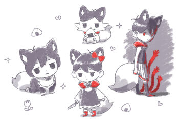 1boy alternate_costume animal_ears animalization antenna_hair black_eyes black_hair black_socks black_tank_top bow colored_skin double-parted_bangs eating food fox_boy fox_ears fox_tail hair_between_eyes hair_bow holding holding_food holding_knife kemonomimi_mode knife long_sleeves looking_at_viewer male_focus omori omori_(omori) onigiri red_bow red_eyes short_hair shorts socks solo standing striped_clothes striped_shorts sun_iiinu tail tank_top vertical-striped_clothes vertical-striped_shorts white_background white_shorts white_skin