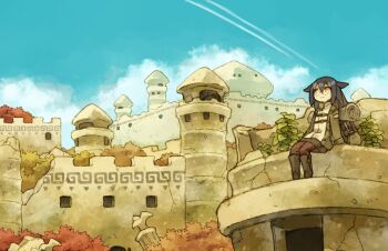 1girl backpack bag bedroll black_boots black_hair boots brown_pants castle cloud commentary contrail day full_body glasses grey_jacket hair_between_eyes highres jacket knee_boots koki08186863 long_hair long_sleeves original outdoors pants plant sitting smile solo wide_shot