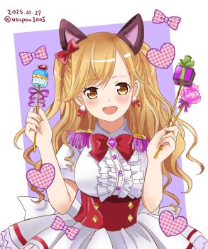 1girl alternate_costume animal_ears bang_dream! blonde_hair blush bow breasts brown_eyes cat_ears dress earrings fake_animal_ears happy highres holding ichigaya_arisa jewelry large_breasts long_hair looking_at_viewer open_mouth red_bow second-party_source solo twintails upper_body usadapan1005 white_dress