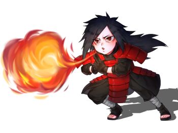 1boy armor bandaged_leg bandages black_gloves black_hair breath_weapon breathing_fire deformed fire full_body gloves japanese_armor kusazuri leaning_forward long_hair male_focus mangekyou_sharingan naruto_(series) naruto_shippuuden open_mouth qjqjqjql red_armor red_eyes shadow sharingan shoulder_armor simple_background sode solo toeless_footwear uchiha_madara v-shaped_eyebrows white_background