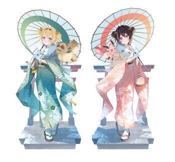 Rule 34 | 2girls, alternate costume, alternate hairstyle, azki (hololive), bell, black hair, black hairband, blonde hair, blush, commentary, commentary request, double-parted bangs, double bun, egasumi, full body, fur shawl, fur trim, furisode, gloves, green kimono, hair bell, hair bun, hair intakes, hair ornament, hairband, hairclip, highres, holding, holding umbrella, hololive, japanese clothes, katana, kazama iroha, kimono, long sleeves, looking at viewer, multicolored hair, multiple girls, oil-paper umbrella, okobo, parted lips, pink hair, pink kimono, pink streaks, pioneer (azki), platform sandals, pokobee, print kimono, purple eyes, ryuya, sandals, sash, shawl, sheath, sheathed, short hair, simple background, single sidelock, socks, streaked hair, sword, tanuki, torii, umbrella, upper body, virtual youtuber, weapon, white background, white gloves, white socks, white streaks, wide sleeves