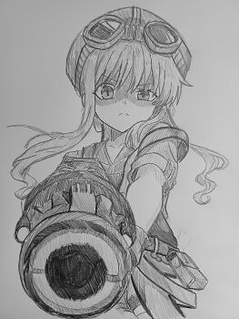1girl absurdres aiming aiming_at_viewer closed_mouth commentary eiyuu_densetsu english_commentary floating_hair frown goggles goggles_on_head graphite_(medium) greyscale gun hat highres holding holding_gun holding_weapon long_hair monochrome partially_shaded_face simple_background solo sora_no_kiseki takuu_(seadog6662) tita_russell traditional_media v-shaped_eyebrows weapon white_background