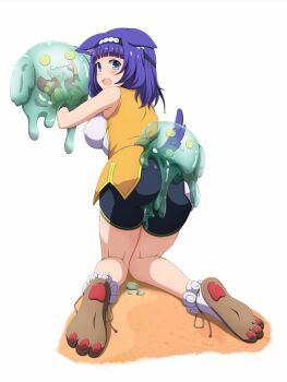 1girl animal_ears armpits ass ass_focus bike_shorts black_hairband blue_eyes blush breasts dog_ears dog_tail dougi eyebrows_hidden_by_hair fang full_body futoku_no_guild gloves hairband highres hitamu_kyan ishida_seito karate_gi kneeling kneepits large_breasts looking_at_viewer open_mouth pants paw_shoes purple_eyes red_gloves shirt short_hair simple_background sleeveless sleeveless_shirt slime_(creature) slime_(substance) solo tail tight_clothes tight_pants white_background yellow_shirt