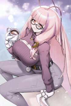 1girl antennae arthropod_girl arthropod_limbs belt blunt_bangs breasts burnt_green_tea cleavage cleavage_cutout clothing_cutout cockroach_girl coffee coffee_mug cup glasses highres huge_breasts indie_virtual_youtuber large_breasts long_hair looking_at_viewer looking_up matara_kan matara_kan_(casual) mature_female monster_girl mug multicolored_hair pants pink_hair purple_sweater red_eyes side_ponytail sitting skinny_jeans smile streaked_hair sweater thighs tight_clothes tight_pants very_long_hair virtual_youtuber