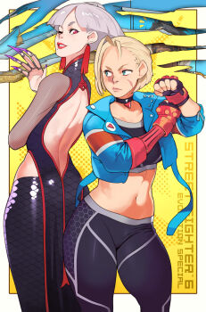 1boy 2girls a.k.i._(street_fighter) back-to-back back_cutout blonde_hair blue_eyes blue_jacket border cammy_white china_dress chinese_clothes claw_(weapon) clothing_cutout commentary copyright_name crop_top cropped_jacket cropped_legs dress earrings english_commentary facial_scar fingerless_gloves fingernails gloves grey_hair highres jacket jewelry long_fingernails looking_at_another looking_back mole mole_under_mouth multiple_girls navel norasuko official_art one_eye_closed outside_border pants pendant_choker purple_nails rashid_(street_fighter) red_lips scar scar_on_cheek scar_on_face second-party_source short_hair single_vambrace slashed_background smile standing stomach street_fighter street_fighter_6 tassel tassel_earrings tight_clothes tight_pants udon_entertainment vambraces weapon white_border yellow_background