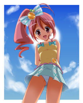 Rule 34 | 1girl, arms behind back, chisato (missing park), day, female focus, from below, jewelpet (series), jewelpet kira deco!, long hair, looking down, oomiya pink, open mouth, panties, pantyshot, pink eyes, pink hair, sky, smile, solo, underwear, white panties