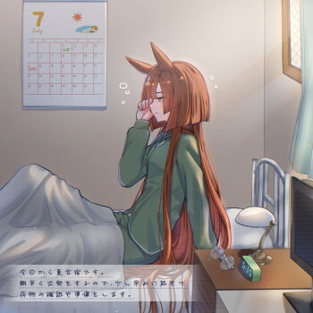 alarm_clock animal_ears bed bed_sheet bedroom brown_eyes clock dress glasses green_dress grey-framed_eyewear highres horse_ears horse_girl ikuno_dictus_(umamusume) ka_(ka_p019) long_hair messy_hair monitor pajamas round_eyewear umamusume waking_up