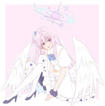 1girl akane_souichi angel_wings black_scrunchie black_shoes blue_archive blue_bow blue_bowtie blue_hair blue_halo blush border bow bowtie bright_pupils capelet commentary dot_nose dress feathered_wings frilled_dress frills from_side full_body gradient_hair gradient_halo hair_between_eyes hair_bun halo hand_up head_tilt high_heels highres knees_up long_hair long_sidelocks looking_at_viewer low_wings mika_(blue_archive) multicolored_hair multicolored_halo open_mouth outside_border pantyhose pink_background pink_hair pink_halo scrunchie shoes sidelocks simple_background single_hair_bun single_side_bun sitting smile solo two-tone_halo very_long_hair white_border white_capelet white_dress white_pantyhose white_pupils white_wings wing_ornament wings wrist_scrunchie yellow_eyes