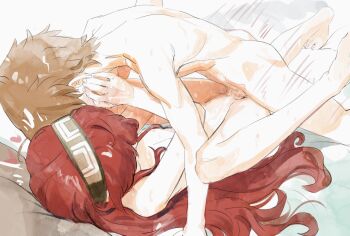 1boy 1girl bed bed_sheet boy_on_top brown_hair butterchalk completely_nude cousins eris_greyrat female_ejaculation headband highres incest kodomo_doushi loli long_hair mushoku_tensei nude on_bed penis pussy red_hair rudeus_greyrat sex shota slamming_uterus uncensored vaginal