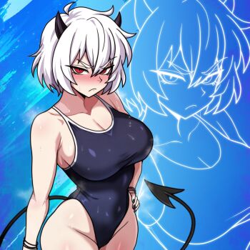 Rule 34 | 1girl, black horns, blue background, blush, breasts, cowboy shot, demon girl, demon horns, demon tail, frown, fujita yoshinobu (ksk oda), hair between eyes, helltaker, highleg, highleg one-piece swimsuit, highres, horns, large breasts, looking at viewer, malina (helltaker), one-piece swimsuit, red eyes, short hair, solo, swimsuit, tail, wet, white hair