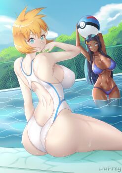 2girls ass bikini black_hair blue_eyes blue_hair blue_sky breasts cloud dark-skinned_female dark_skin dufreyjupiter large_breasts long_hair misty_(pokemon) multiple_girls nessa_(pokemon) nintendo one-piece_swimsuit orange_hair poke_ball pokemon pokemon_hgss pokemon_swsh pool poolside short_hair sky swimsuit water