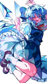 0916psy 1girl absurdres bloomers blue_bow blue_dress blue_eyes blue_hair blush bow cirno commentary_request detached_wings dress hair_bow highres ice ice_wings looking_at_viewer mary_janes medium_hair neck_ribbon one_eye_closed open_mouth pinafore_dress puffy_short_sleeves puffy_sleeves red_ribbon red_shoes ribbon shoes short_sleeves sleeveless sleeveless_dress smile socks solo touhou underwear white_bloomers white_socks wings