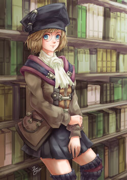1girl 2017 against_bookshelf artist_name ascot black_hat black_socks blonde_hair blue_eyes book bookshelf brown_jacket closed_mouth erlene_(ff11) final_fantasy final_fantasy_xi hand_on_own_arm hat jacket kneehighs long_sleeves miniskirt morere mortarboard open_clothes open_jacket pleated_skirt pocket puffy_long_sleeves puffy_sleeves ribbed_socks scholar_(final_fantasy) short_hair signature skirt smile socks solo tassel white_ascot