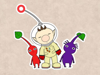 1boy bad_tag big_nose black_eyes brown_background brown_hair buttons closed_eyes colored_skin commentary_request flat_color full_body gloves head_tilt helmet leaf leaning_to_the_side naru_(wish_field) nintendo no_mouth olimar outline parted_lips patch pikmin_(creature) pikmin_(series) pointy_ears pointy_nose purple_hair purple_pikmin purple_skin radio_antenna red_gloves red_pikmin red_skin short_hair simple_background space_helmet spacesuit straight-on very_short_hair white_outline