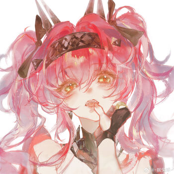 2girls black_bow black_gloves bow collar earrings female_pov female_rover_(wuthering_waves) finger_to_another&#039;s_mouth fingerless_gloves fingernails gloves hair_bow hairband headgear highres jewelry long_hair looking_at_viewer lupa_(wuthering_waves) metal_collar metal_hairband mian_tu_qiu missing_commentary multiple_girls multiple_hair_bows open_mouth pink_hair portrait pov pov_hands red_pupils rover_(wuthering_waves) simple_background solo twintails white_background wuthering_waves yellow_eyes