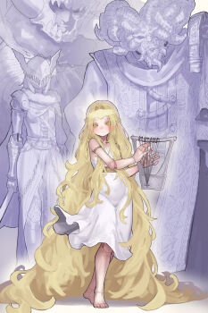 1girl 3boys absurdres barefoot brother_and_sister brothers commentary_request doll_joints dress ekrea_jan elden_ring elden_ring:_shadow_of_the_erdtree half-siblings harp highres instrument joints long_hair malenia_blade_of_miquella miquella_(elden_ring) mohg_lord_of_blood monochrome_background multiple_boys promised_consort_radahn siblings standing sword tiara trap very_long_hair weapon white_dress