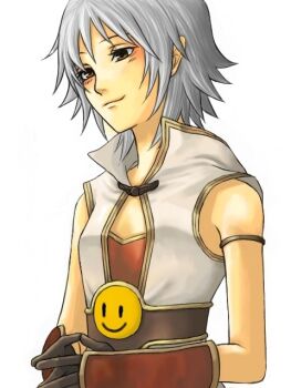 1girl black_gloves blush breasts brown_eyes champion_(ragnarok_online) closed_mouth coat commentary_request gloves grey_hair make_adog ragnarok_online red_shirt shirt short_hair simple_background sleeveless sleeveless_coat small_breasts smile smiley_face solo upper_body white_background white_coat