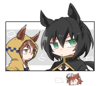 Rule 34 | ..., 3girls, animal ears, beer hsk, black capelet, black hair, braid, brown eyes, brown hair, brown jacket, capelet, chibi, closed mouth, commentary request, crown, crown braid, dicta striker (umamusume), ears through headwear, green eyes, grey background, hair between eyes, hood, hood up, hooded jacket, horse ears, jacket, kin'iro ryotei (umamusume), low ponytail, mini crown, multicolored hair, multiple girls, parted lips, ponytail, purple eyes, spoken ellipsis, streaked hair, t.m. opera o (umamusume), two-tone background, umamusume, white background, white hair