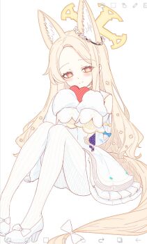 1girl animal_ear_fluff animal_ears art_program_in_frame blonde_hair blue_archive blue_bow blush bow bright_pupils closed_mouth commentary cross_halo detached_sleeves dress extra_ears eyelashes flower_wreath footwear_bow forehead fox_ears fox_girl fox_tail frilled_dress frills full_body halo hands_up head_wreath heart high_heels highres holding holding_heart ibispaint_(medium) knees_up legs_together long_hair multicolored_eyes pantyhose parted_bangs pink_eyes seia_(blue_archive) shoes short_dress sidelocks simple_background sitting sleeve_bow sleeveless sleeveless_dress sleeves_past_fingers sleeves_past_wrists slit_pupils smile solo split_mouth striped_clothes striped_pantyhose symbol-only_commentary tail tail_bow tail_ornament tsurime two-tone_eyes valentine vertical-striped_clothes vertical-striped_pantyhose very_long_hair wa_sumi white_background white_bow white_dress white_pantyhose white_pupils white_shoes wide_sleeves yellow_bow yellow_eyes yellow_halo