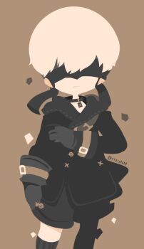 1boy 9s_(nier:automata) arm_belt arm_up belt belt_buckle black_coat black_shorts blindfold brown_background brown_belt buckle closed_mouth coat covered_eyes dot_nose feet_out_of_frame gloves long_sleeves male_focus nier:automata nier_(series) rizu_(rizunm) short_hair shorts solo standing white_hair